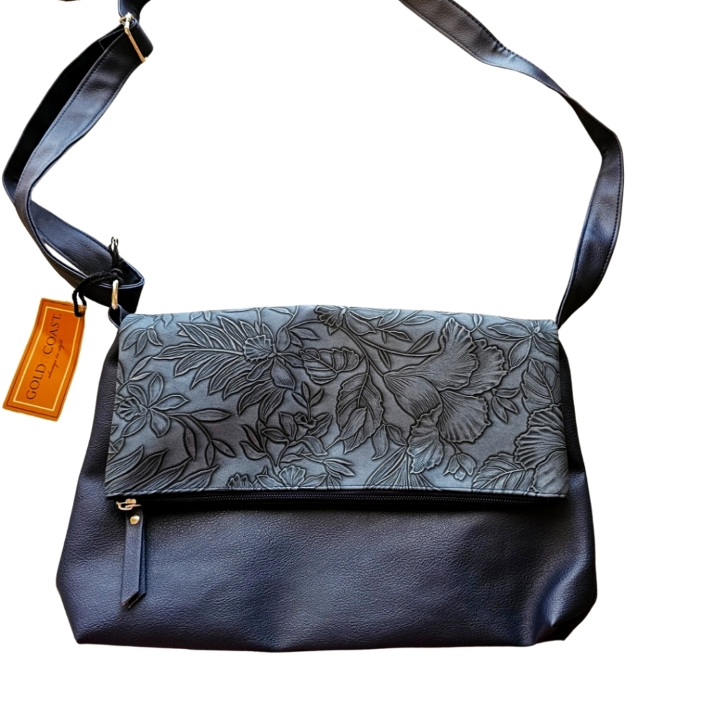 Leather Gold Coast Purse. Navy Floral Design.
